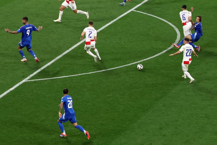 義大利後衛卡拉菲奧里帶球向前後橫傳扎卡尼