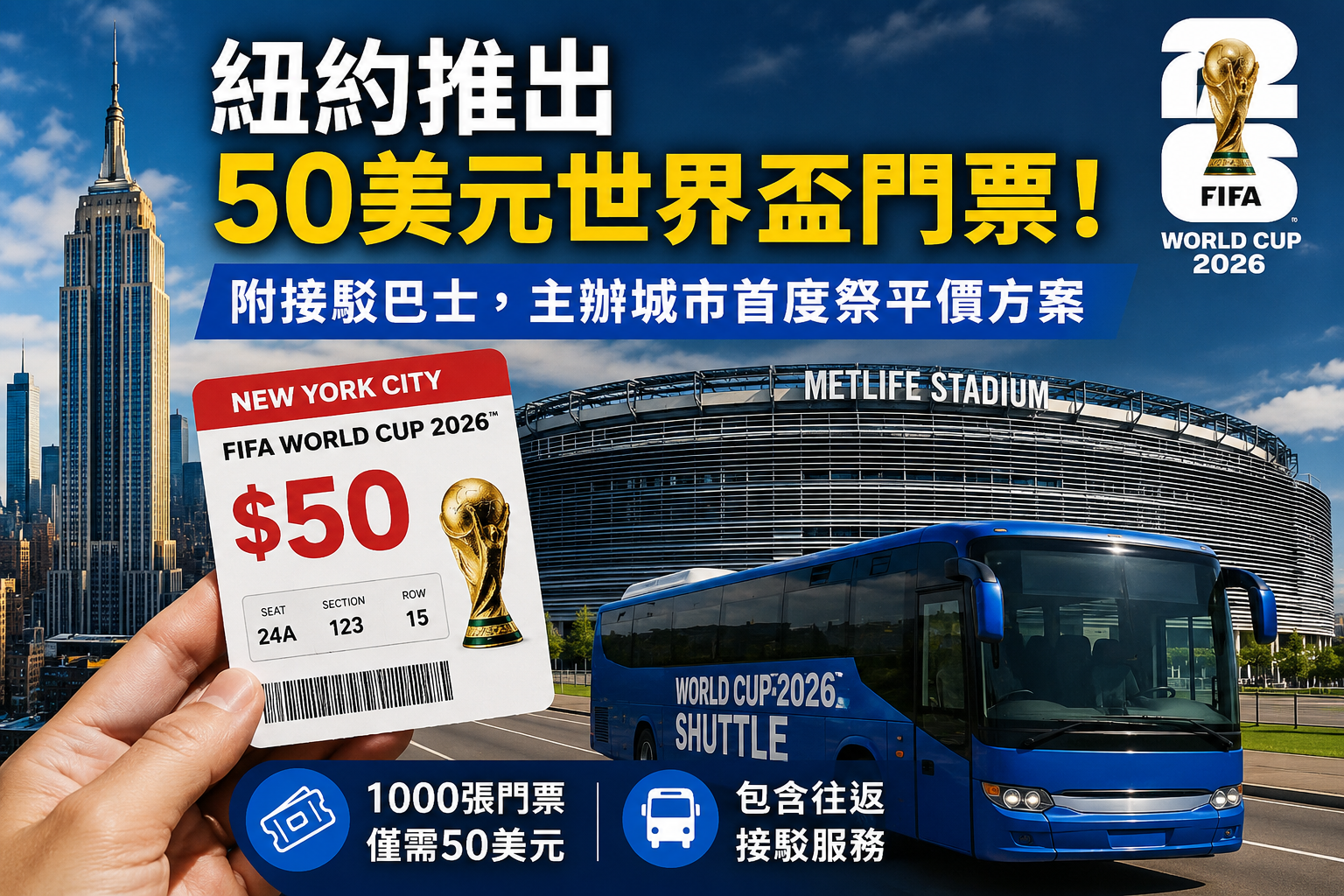 2026世界盃/紐約推出 50 美元世界盃門票!附接駁巴士,主辦城市首度祭平價方案